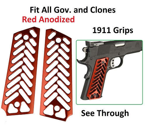 Skeleton Red Anodized Aluminum 1911 Grips Fit Gov. and Clones 